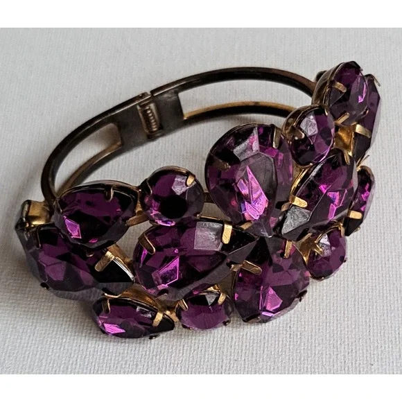 VTG Bold N Beautiful Purple Rhinestone Clamper Bracelet 1960's - Picture 12 of 16